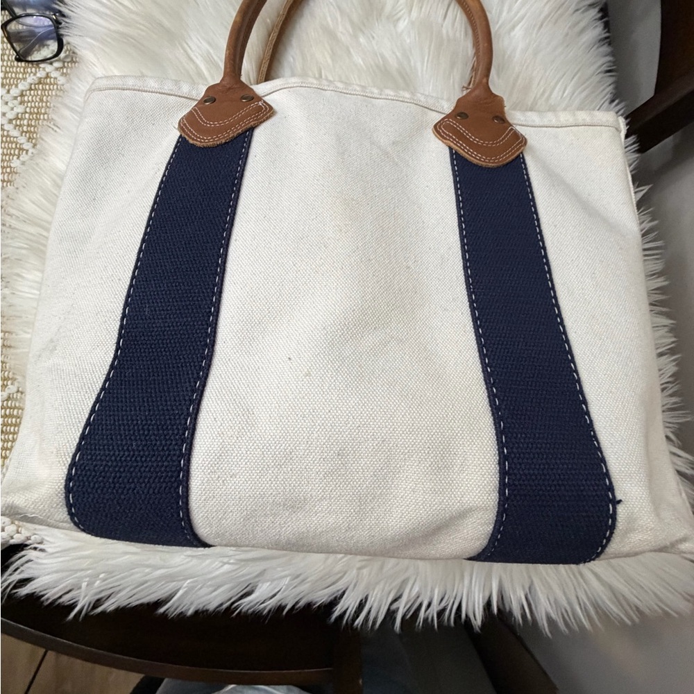 L.L. Bean White Canvas Tote with Navy Straps and Brown Leather Handles - Picture 5 of 11